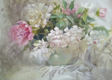 Snow White Peonies - watercolor, gouache
