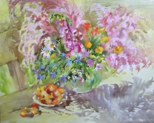 Cherries On The Bench - watercolor, gouache