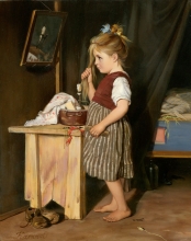 Interpretation of "A Girl At The Mirror Brushing Her Hair" - oil, canvas