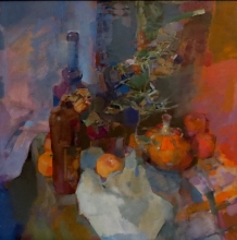 Still Life With An Orange Rose - oil, canvas on cardboard