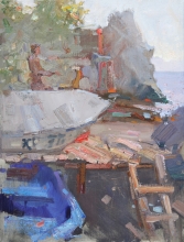 At The Boat Station - oil, canvas on cardboard