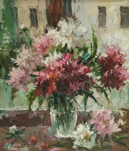 Peonies On The Windowsill - oil, canvas