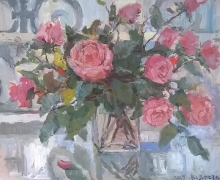 Flowers At The Window. Roses Are Leaving The Garden - oil, canvas